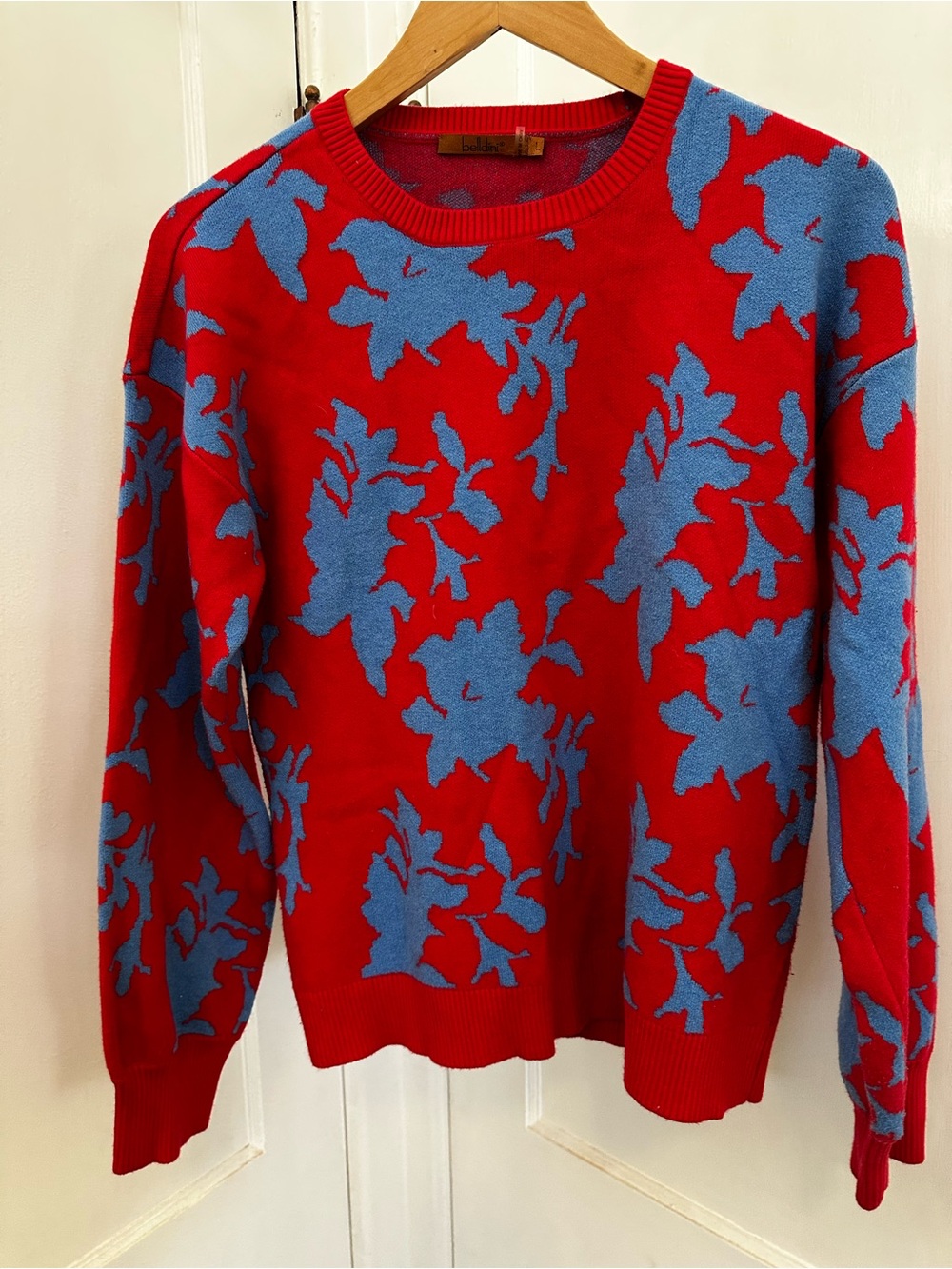 Belldini Red Sweater with Blue Pattern Accents
